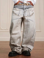 YADcrew Leopard Belt Double Waist 3D Digital Print Machete Jeans