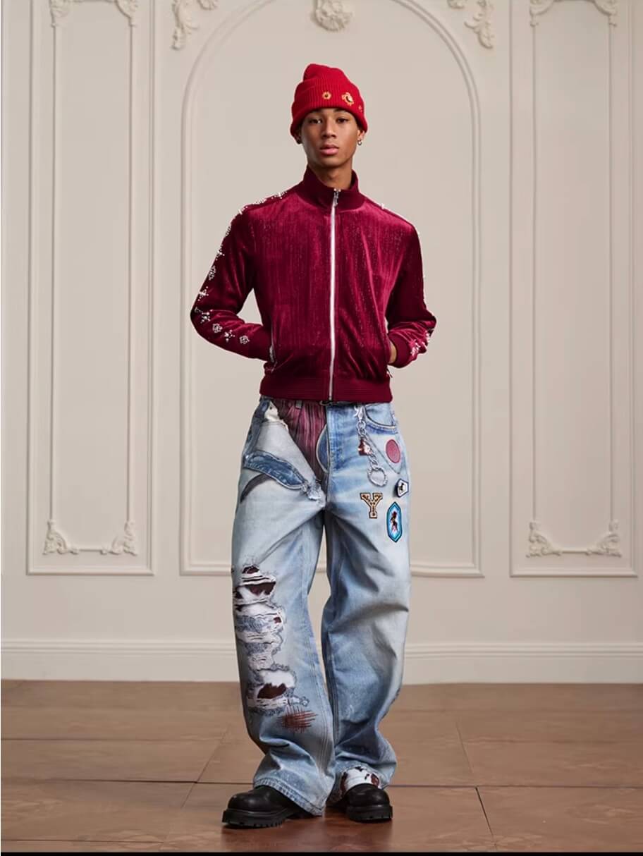 YADcrew 3D Digital Print Patch Embroidered Jeans