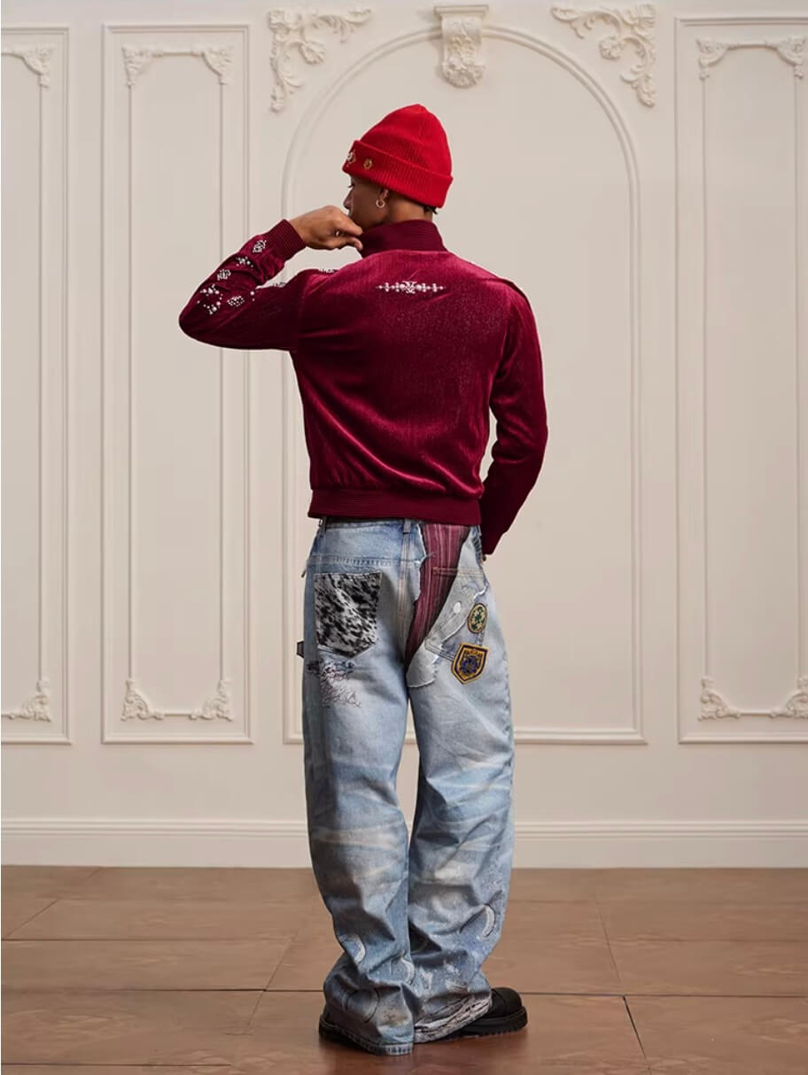YADcrew 3D Digital Print Patch Embroidered Jeans