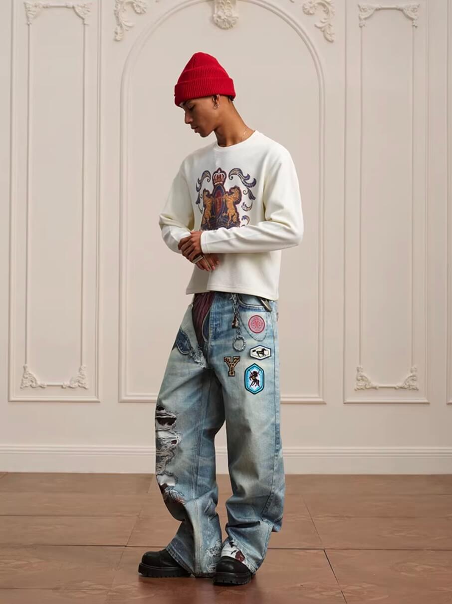 YADcrew 3D Digital Print Patch Embroidered Jeans