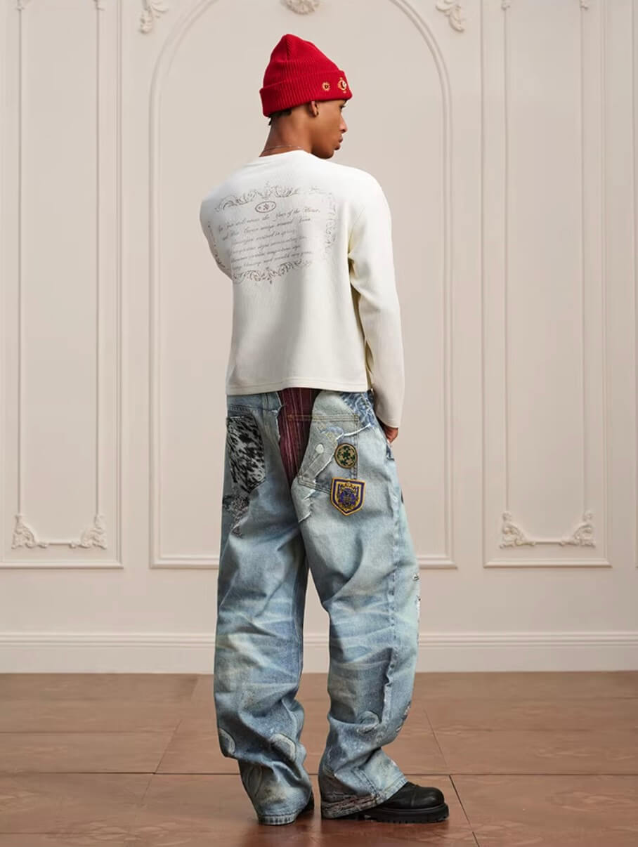 YADcrew 3D Digital Print Patch Embroidered Jeans