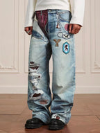 YADcrew 3D Digital Print Patch Embroidered Jeans