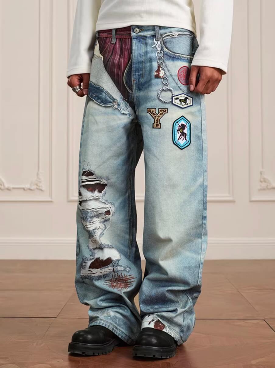 YADcrew 3D Digital Print Patch Embroidered Jeans