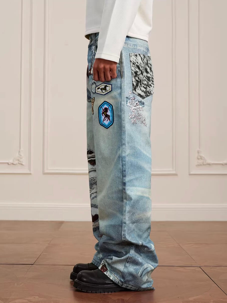 YADcrew 3D Digital Print Patch Embroidered Jeans