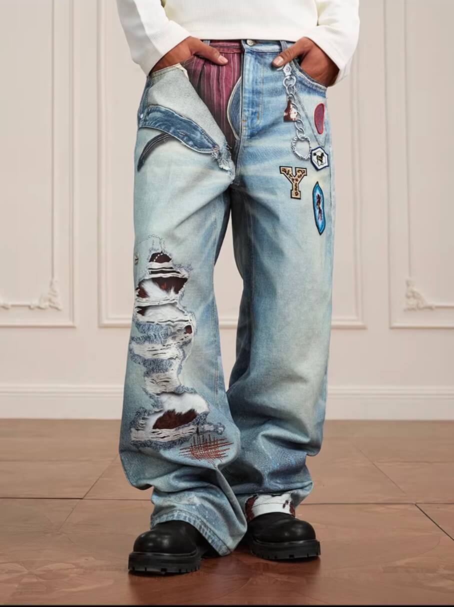 YADcrew 3D Digital Print Patch Embroidered Jeans