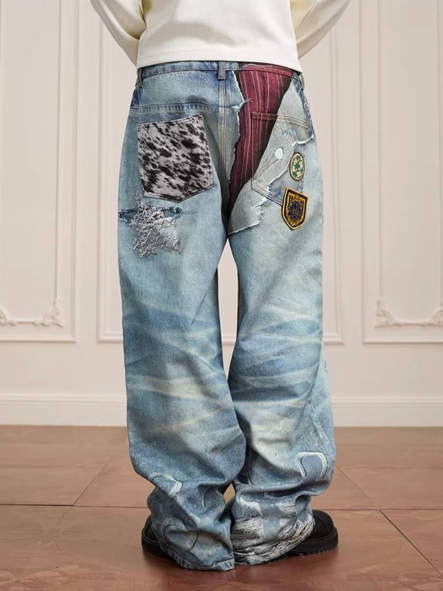 YADcrew 3D Digital Print Patch Embroidered Jeans