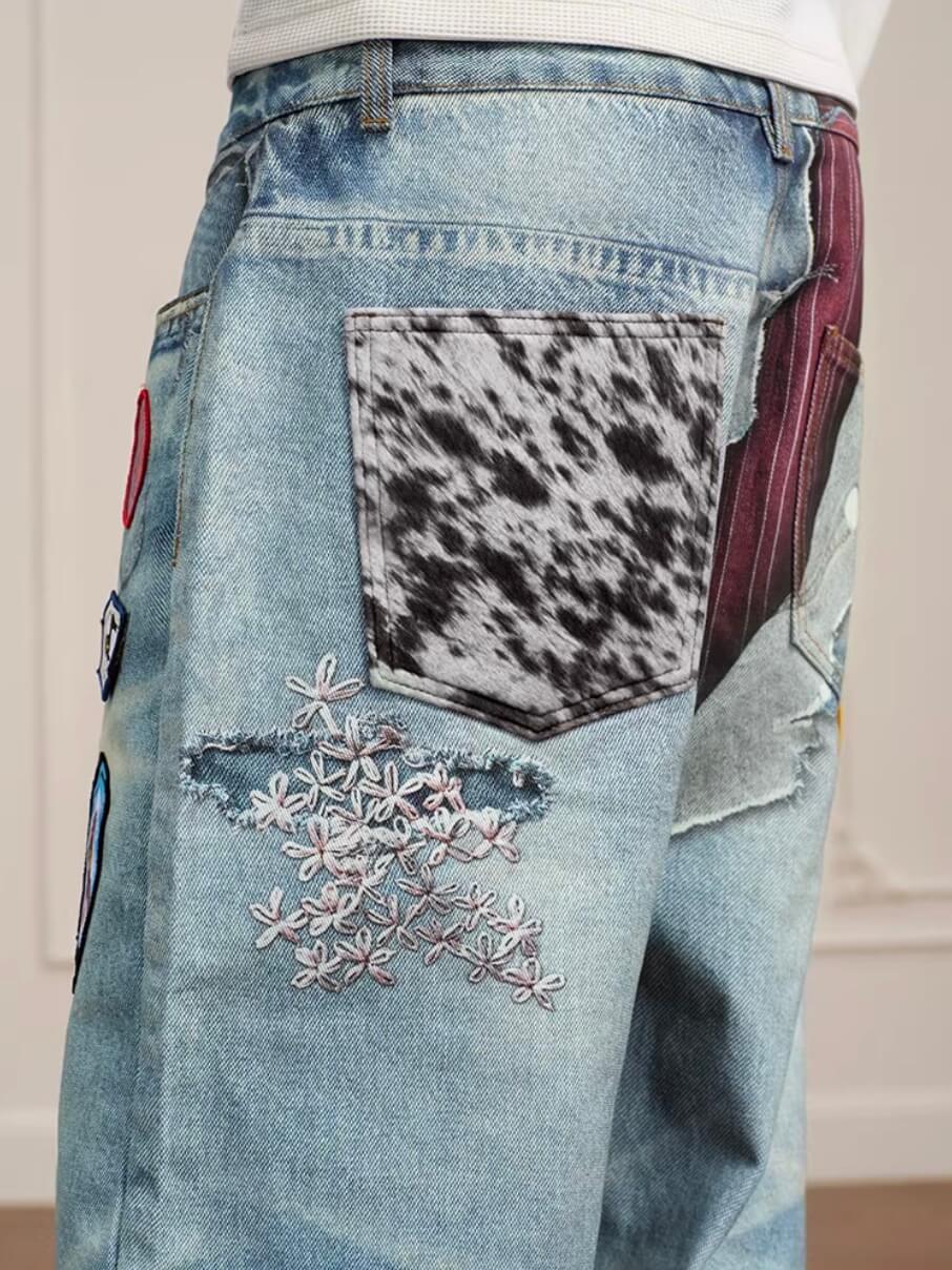 YADcrew 3D Digital Print Patch Embroidered Jeans