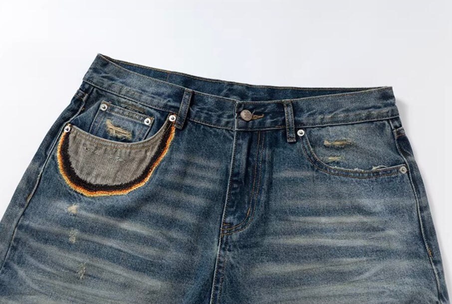 YADcrew Scorched Embroidery Washed Distressed Whisker Jeans