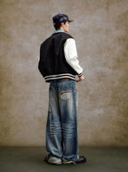 YADcrew Scorched Embroidery Washed Distressed Whisker Jeans