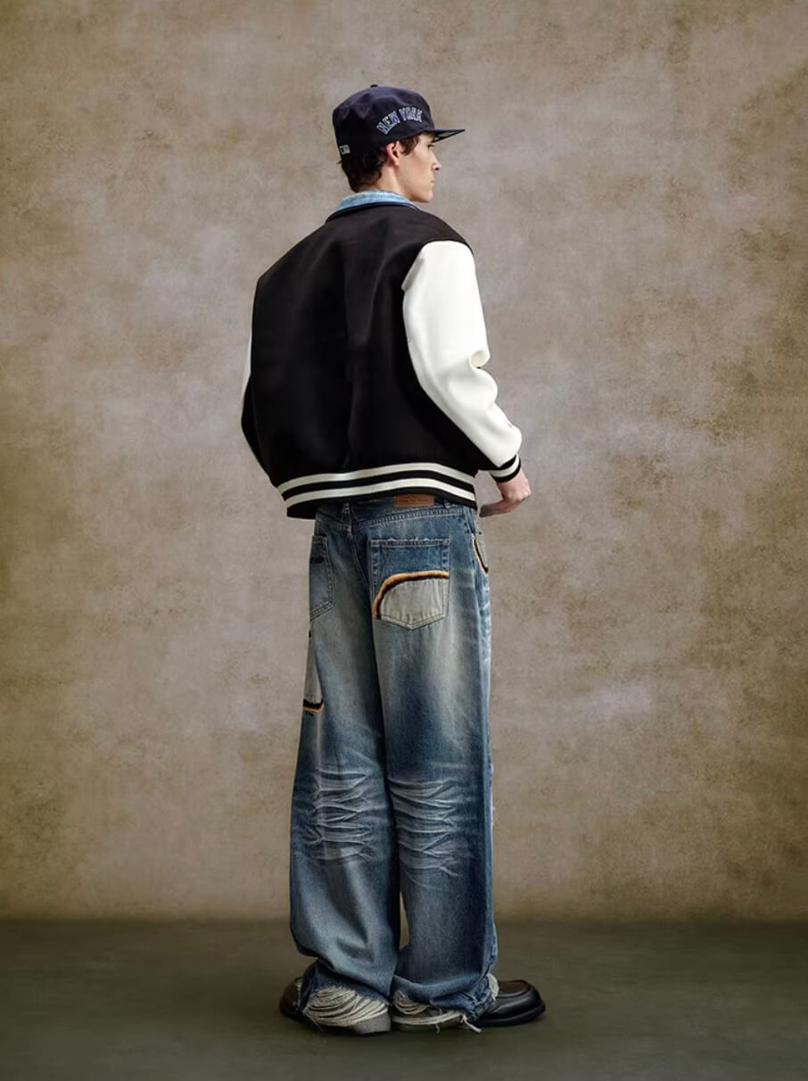 YADcrew Scorched Embroidery Washed Distressed Whisker Jeans