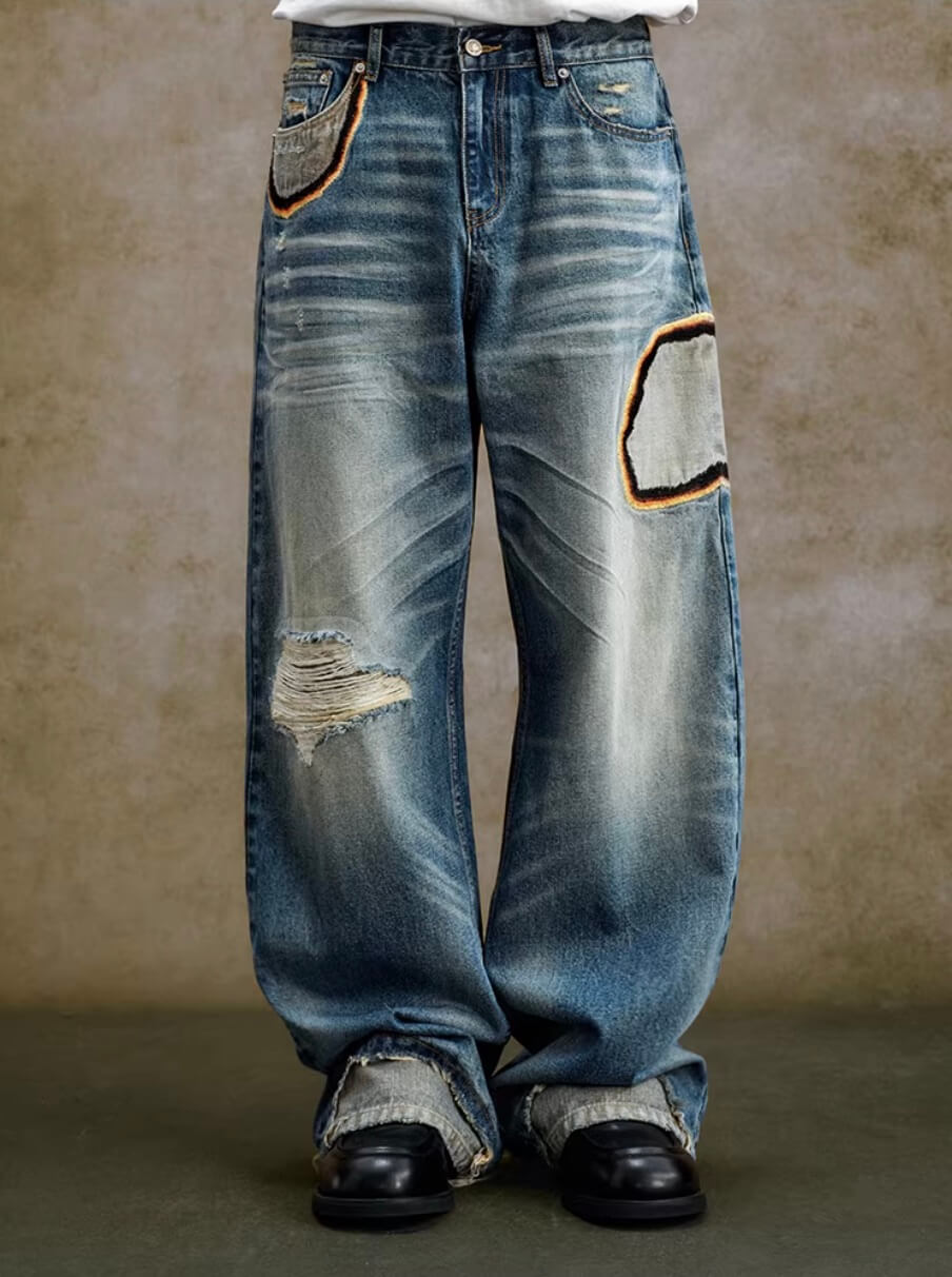 YADcrew Scorched Embroidery Washed Distressed Whisker Jeans