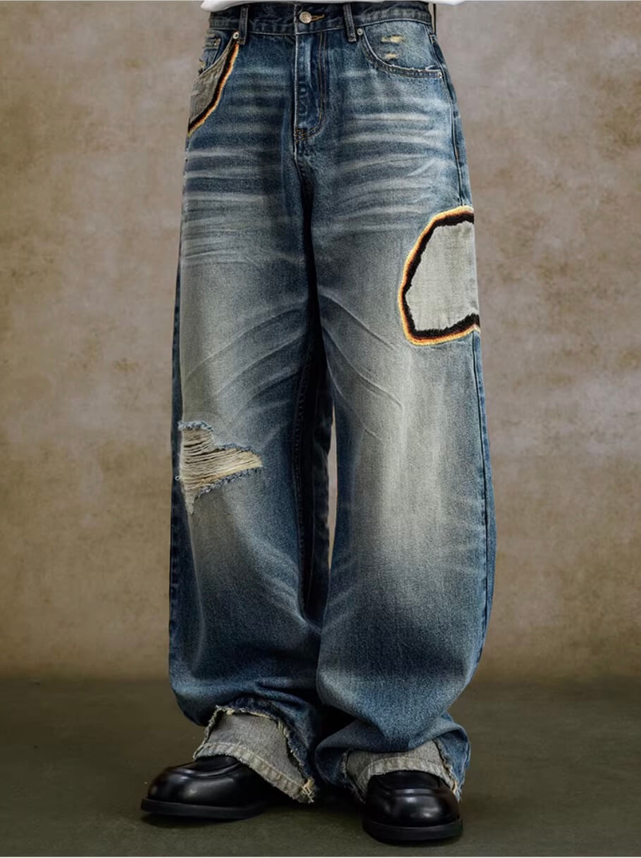 YADcrew Scorched Embroidery Washed Distressed Whisker Jeans