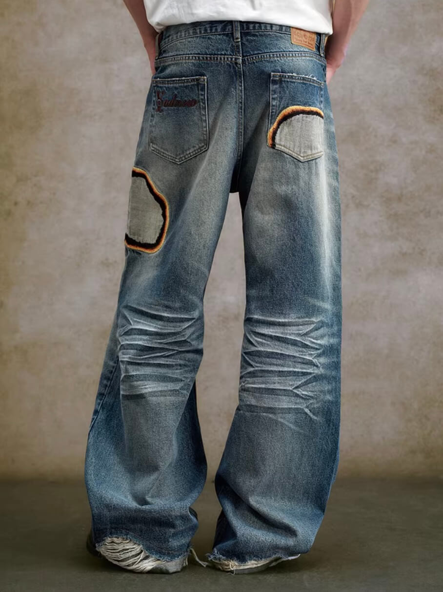 YADcrew Scorched Embroidery Washed Distressed Whisker Jeans