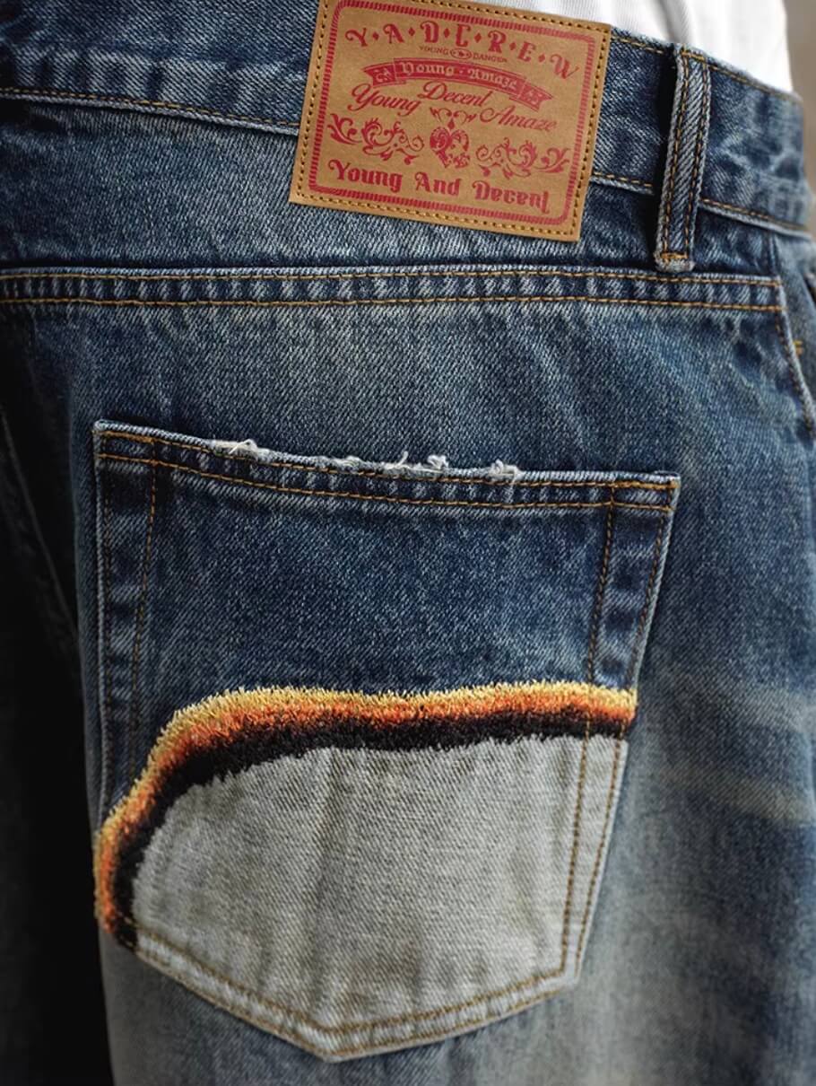 YADcrew Scorched Embroidery Washed Distressed Whisker Jeans