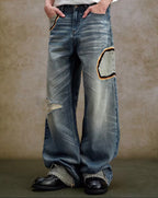YADcrew Scorched Embroidery Washed Distressed Whisker Jeans