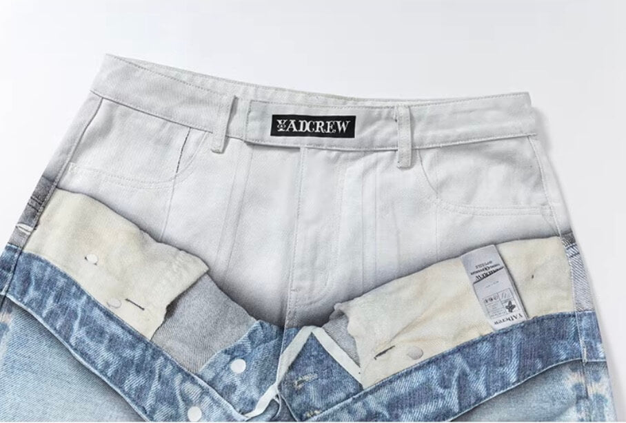 YADcrew 3D Digital Print Double Waist Washed Jeans