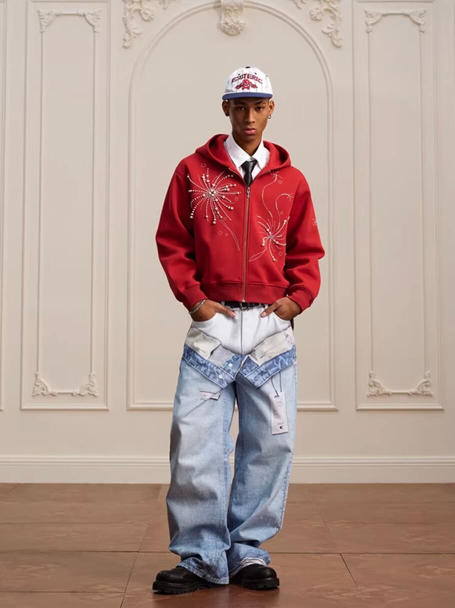 YADcrew 3D Digital Print Double Waist Washed Jeans