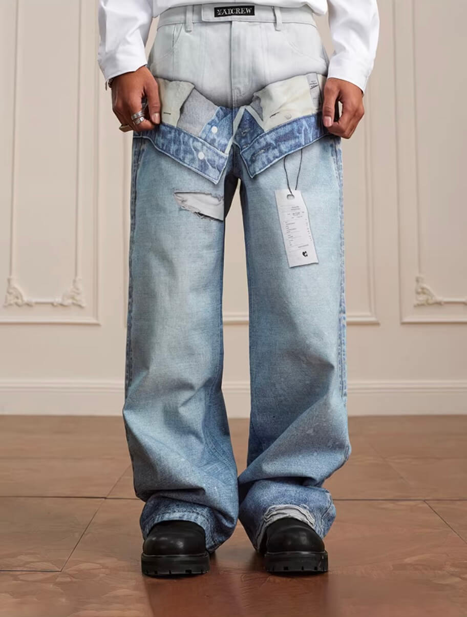 YADcrew 3D Digital Print Double Waist Washed Jeans