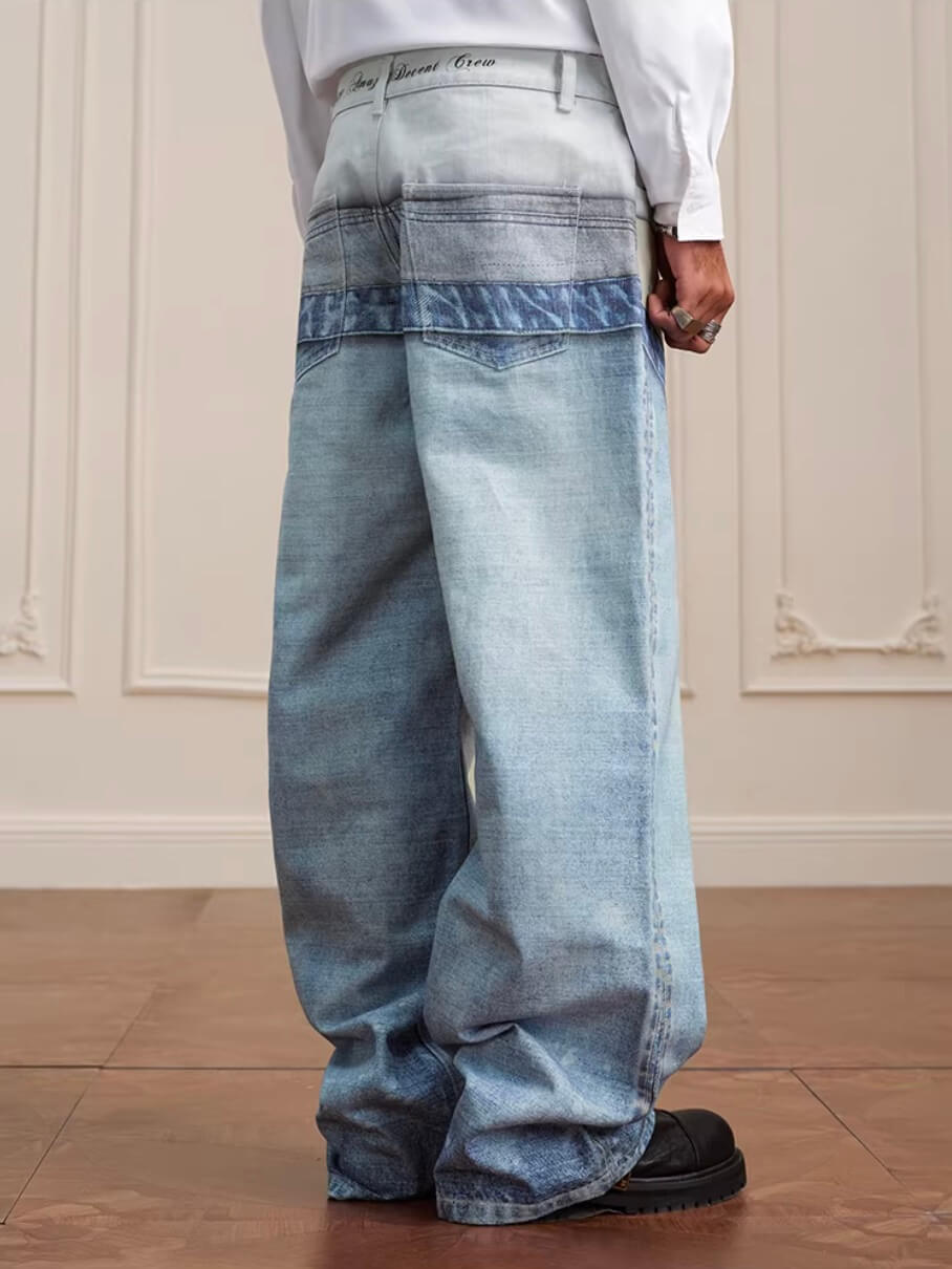 YADcrew 3D Digital Print Double Waist Washed Jeans
