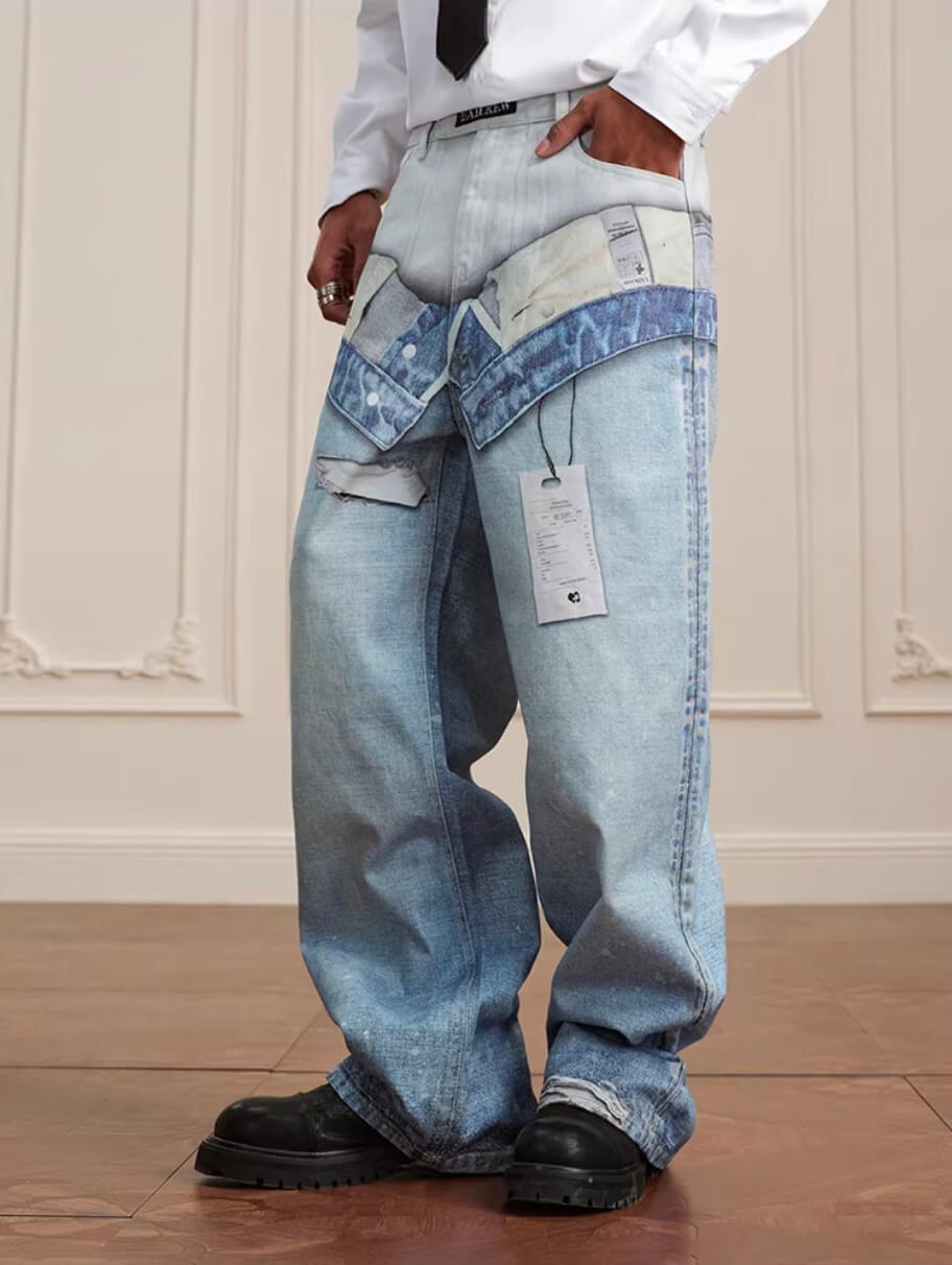 YADcrew 3D Digital Print Double Waist Washed Jeans