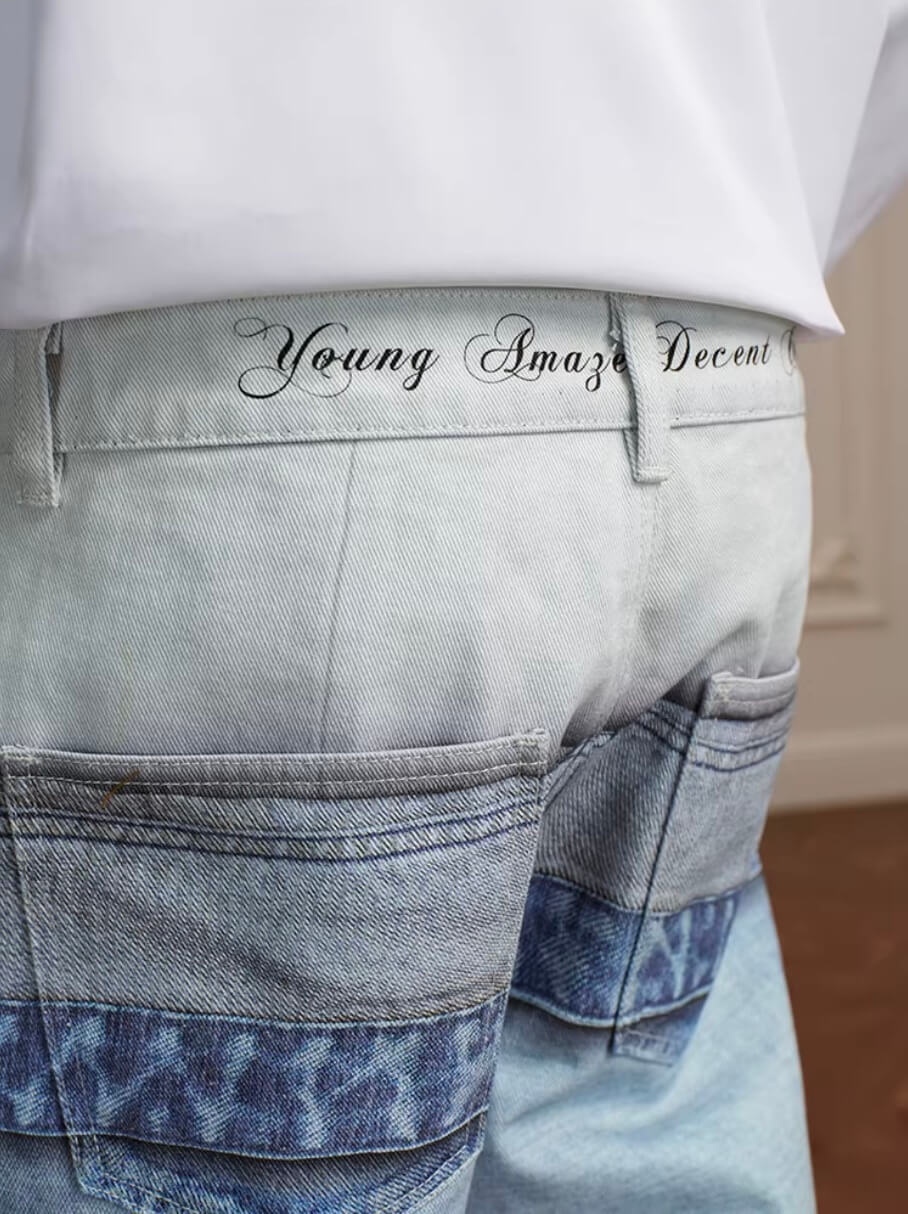 YADcrew 3D Digital Print Double Waist Washed Jeans