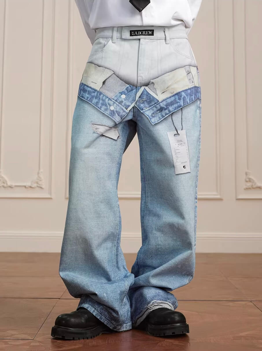 YADcrew 3D Digital Print Double Waist Washed Jeans