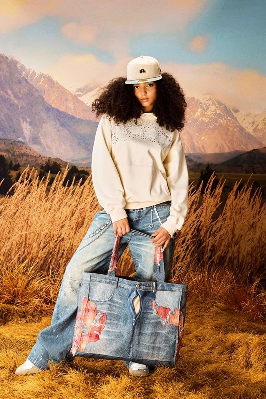 YADcrew Evening Lace Patchwork 3D Print Denim Tote Bag