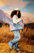 YADcrew Evening Lace Patchwork 3D Print Denim Tote Bag