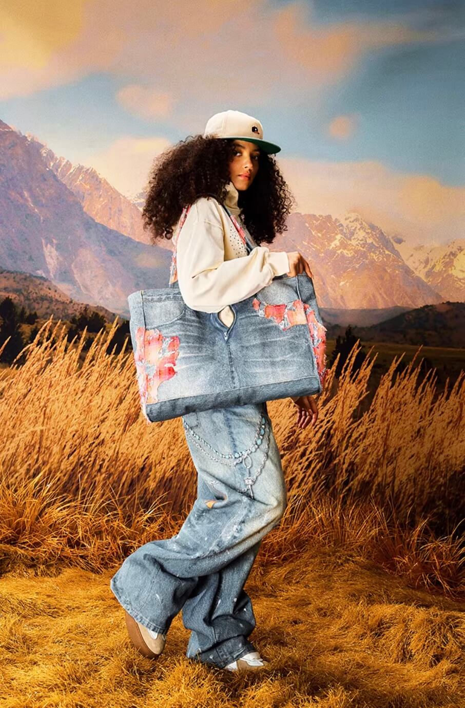 YADcrew Evening Lace Patchwork 3D Print Denim Tote Bag