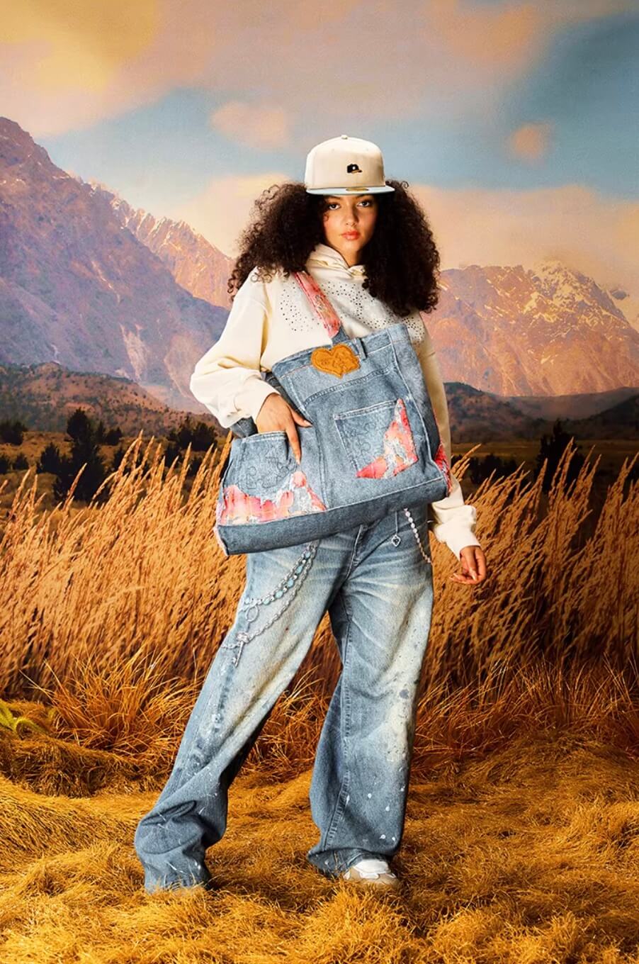 YADcrew Evening Lace Patchwork 3D Print Denim Tote Bag