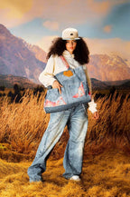 YADcrew Evening Lace Patchwork 3D Print Denim Tote Bag