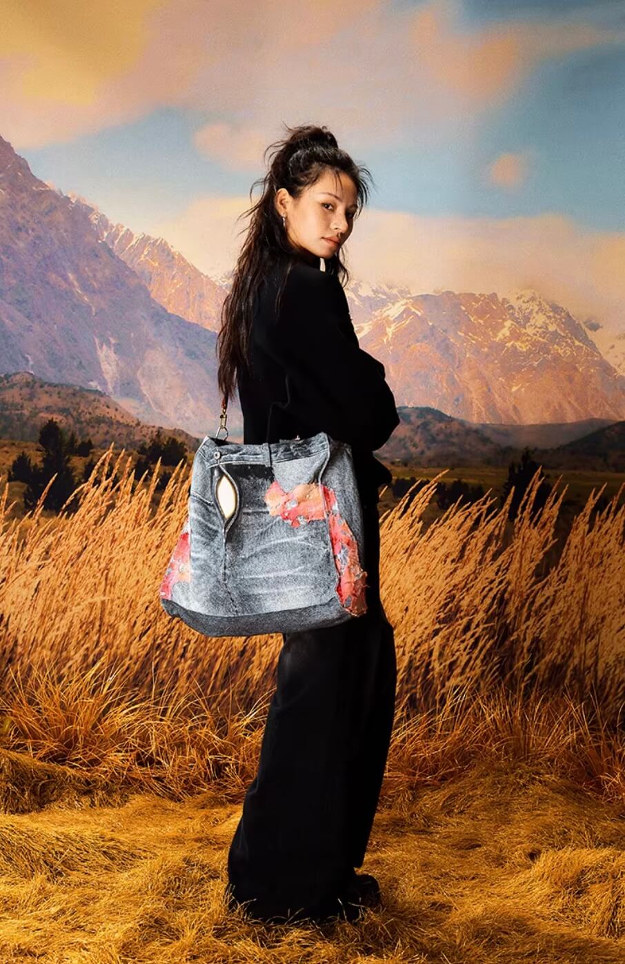 YADcrew Evening Lace Patchwork 3D Print Denim Tote Bag