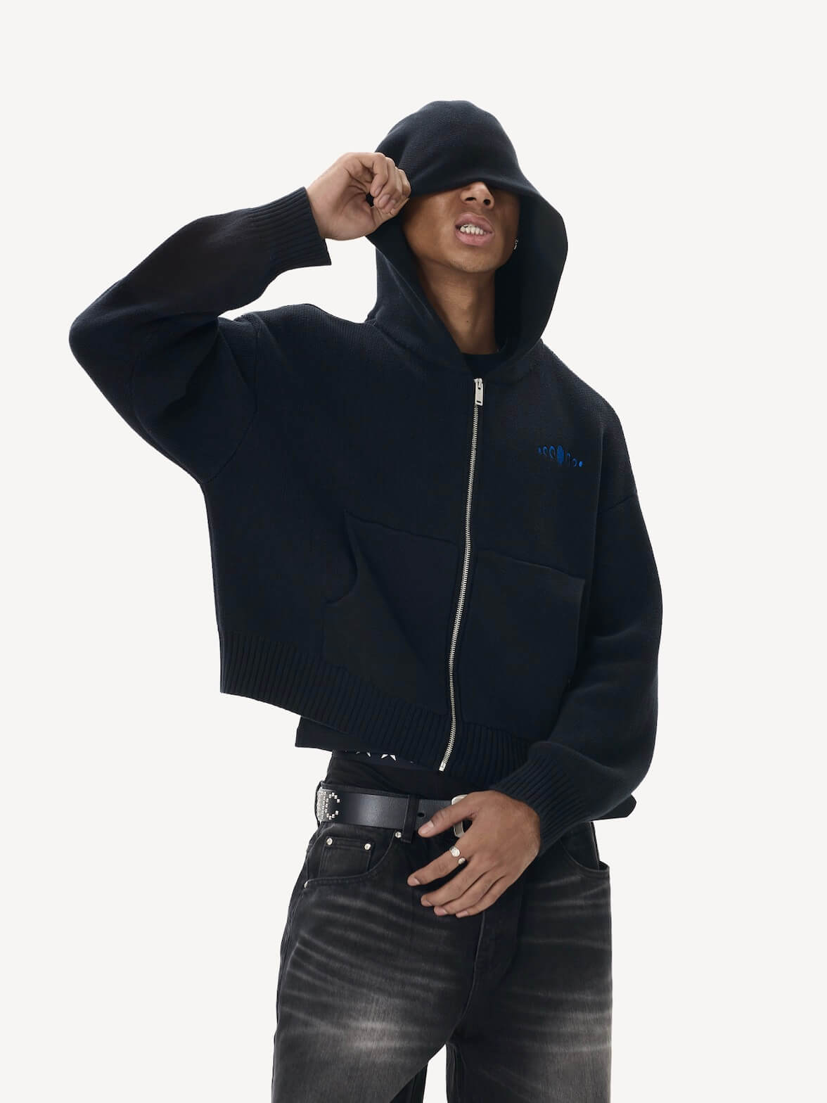 KARMANISTIC Embroidered Zip Up Knit Hoodie