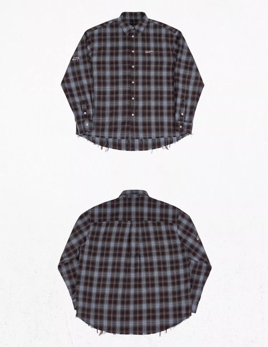 UNDERWATER Blue Brushed Plaid Raw Hem Long Sleeve Flannel Shirt