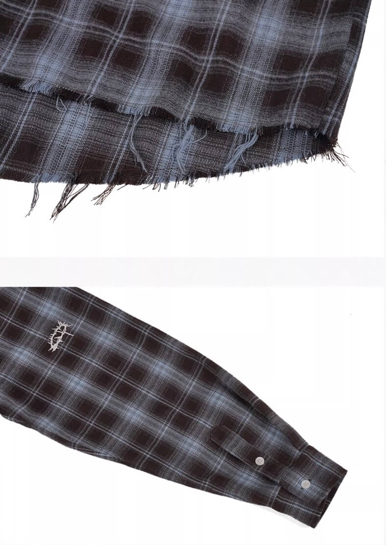 UNDERWATER Blue Brushed Plaid Raw Hem Long Sleeve Flannel Shirt