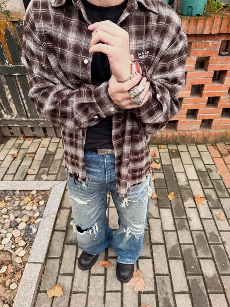 UNDERWATER Brown Brushed Plaid Raw Hem Long Sleeve Flannel Shirt