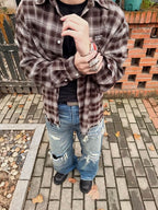 UNDERWATER Brown Brushed Plaid Raw Hem Long Sleeve Flannel Shirt