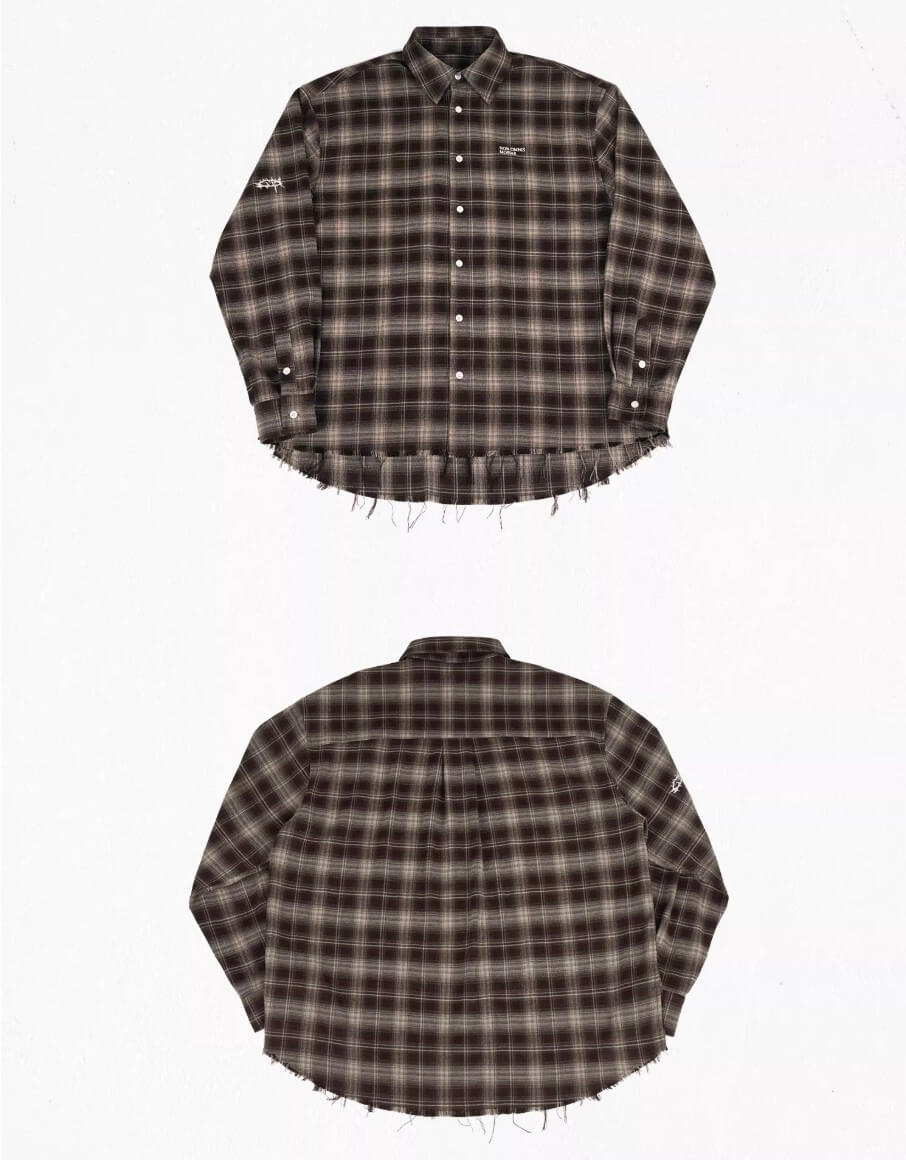 UNDERWATER Brown Brushed Plaid Raw Hem Long Sleeve Flannel Shirt