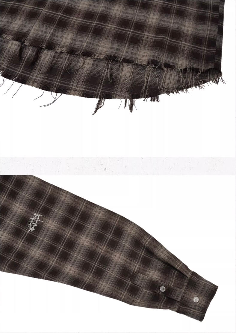 UNDERWATER Brown Brushed Plaid Raw Hem Long Sleeve Flannel Shirt