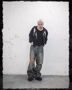 UNDERWATER Winged Devil Bone Jacquard Distressed Knit Zip Up Hoodie