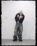 UNDERWATER Winged Devil Bone Jacquard Distressed Knit Zip Up Hoodie
