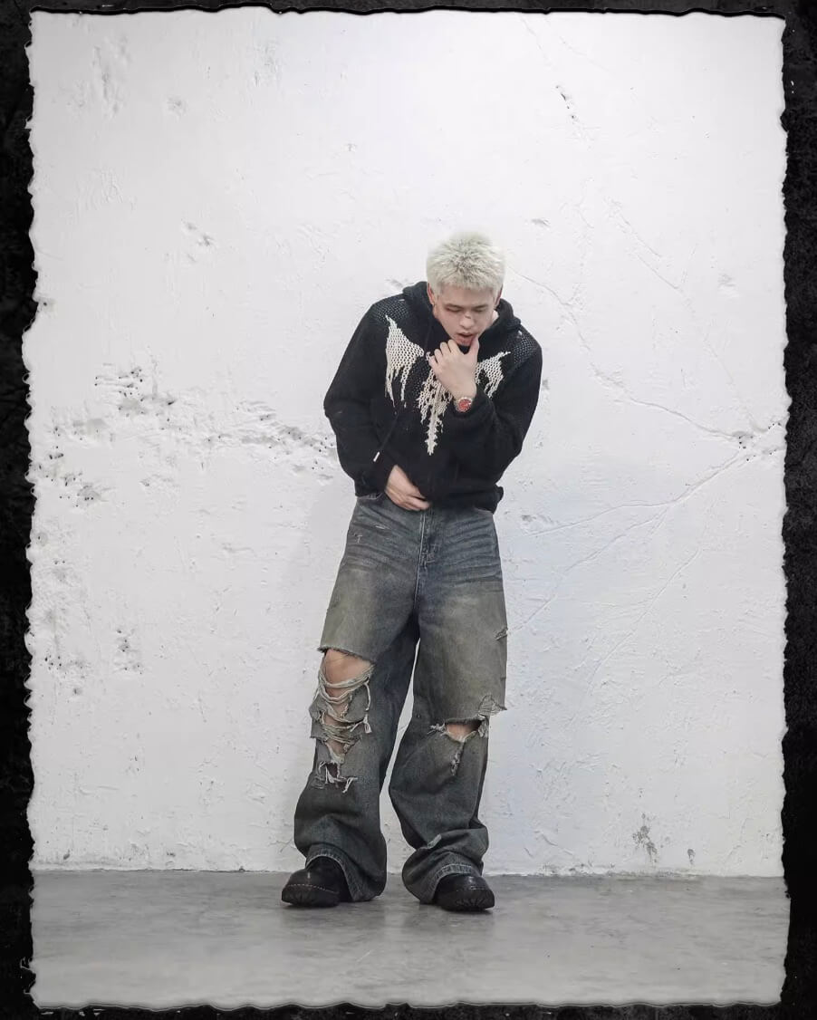 UNDERWATER Winged Devil Bone Jacquard Distressed Knit Zip Up Hoodie