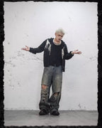 UNDERWATER Winged Devil Bone Jacquard Distressed Knit Zip Up Hoodie