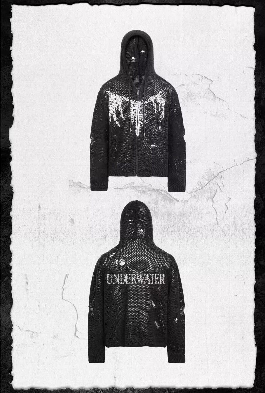 UNDERWATER Winged Devil Bone Jacquard Distressed Knit Zip Up Hoodie