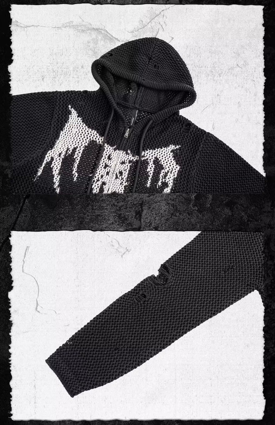 UNDERWATER Winged Devil Bone Jacquard Distressed Knit Zip Up Hoodie