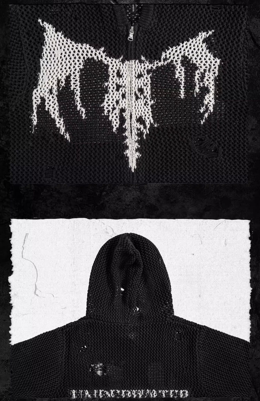 UNDERWATER Winged Devil Bone Jacquard Distressed Knit Zip Up Hoodie