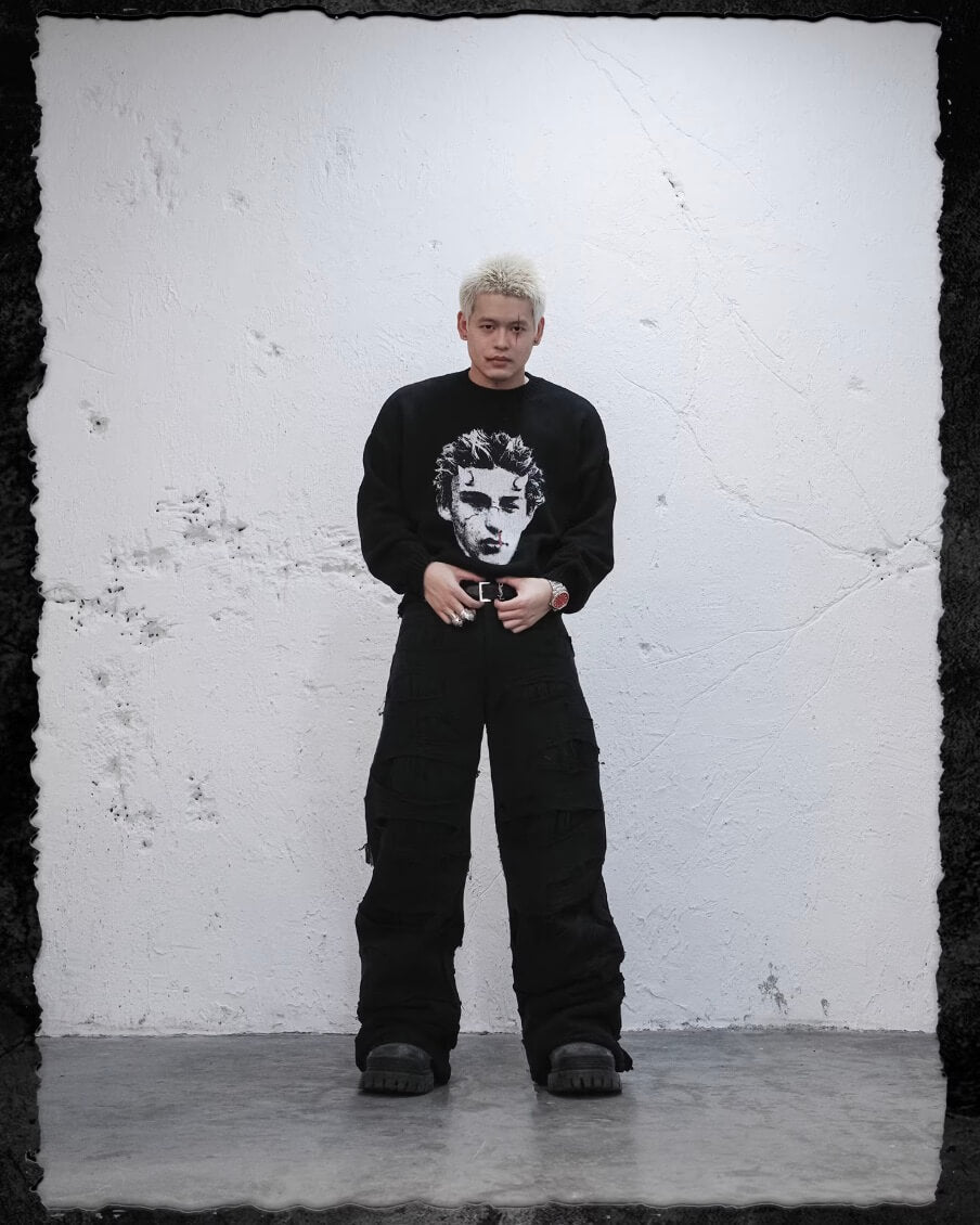 UNDERWATER Demon Digital Print Distressed Knit Sweater