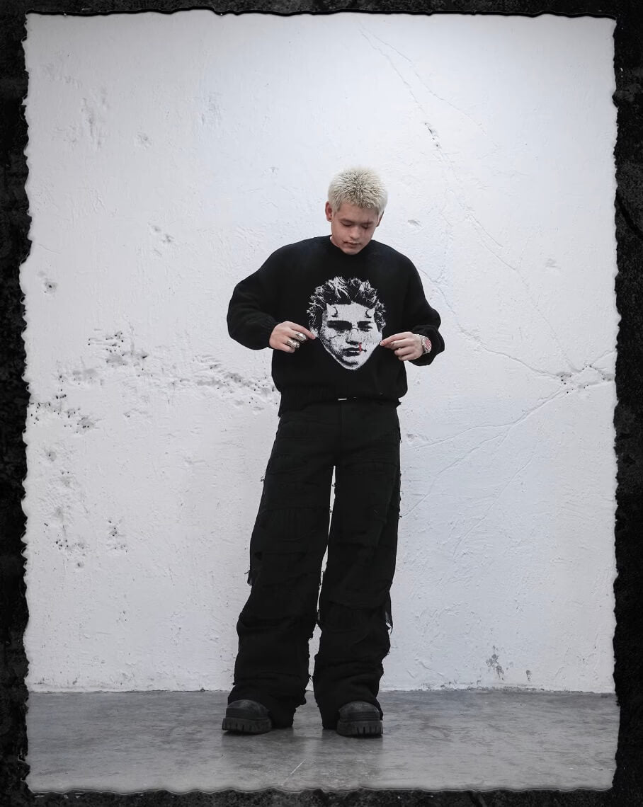 UNDERWATER Demon Digital Print Distressed Knit Sweater