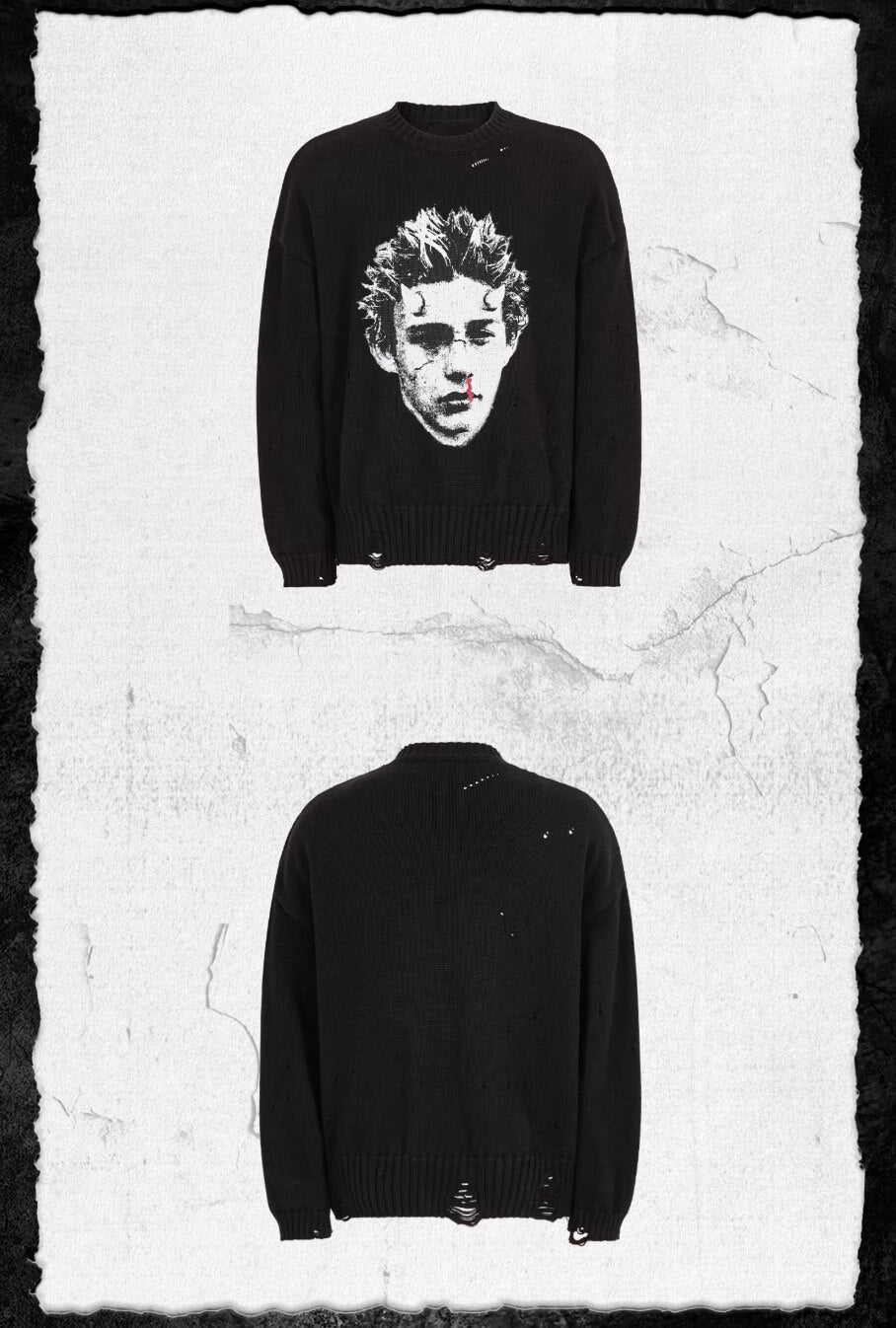 UNDERWATER Demon Digital Print Distressed Knit Sweater