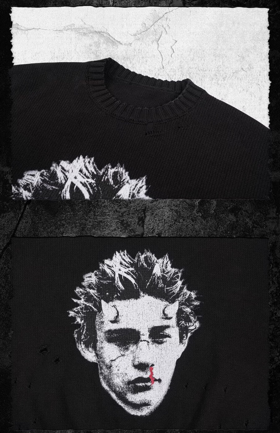UNDERWATER Demon Digital Print Distressed Knit Sweater